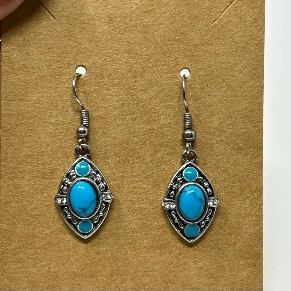 Southwestern Faux Turquoise Diamond Shape Silver Tone Dangle Earrings